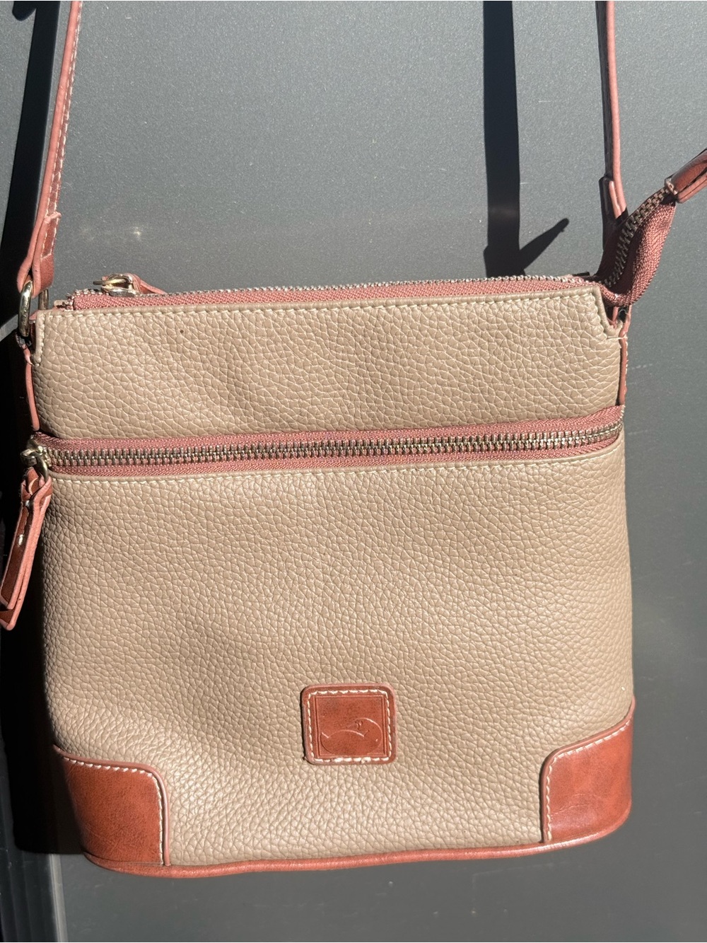 Taupe Pebbled Crossbody with Brown Trim